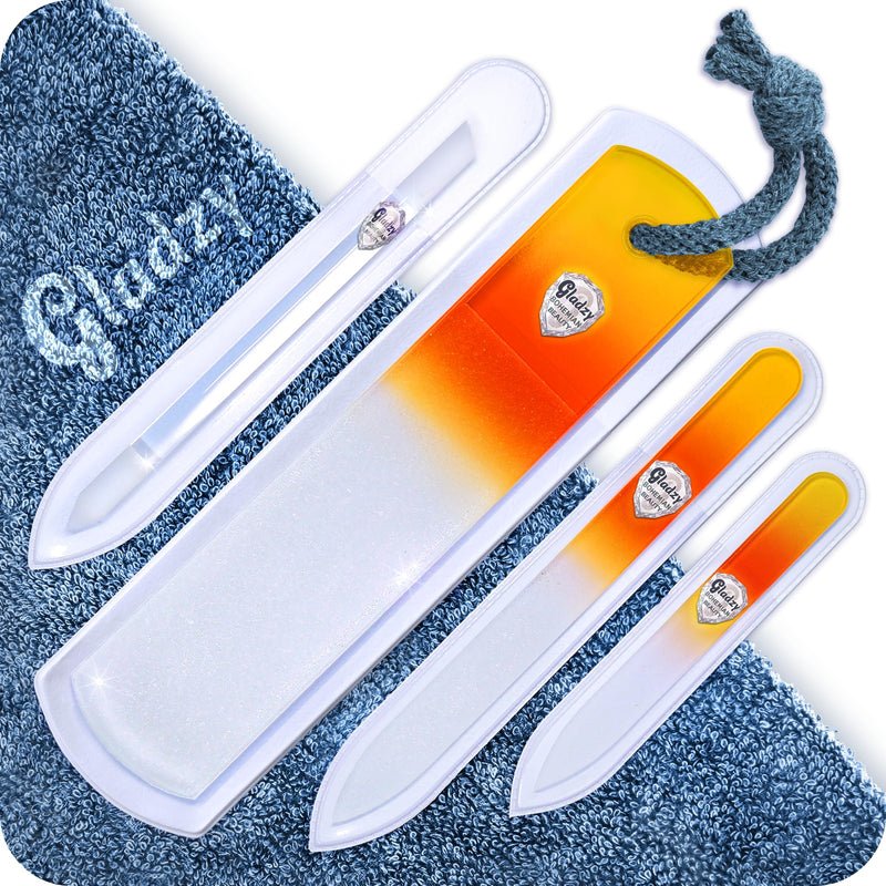 GLADZY Genuine Czech Glass Nail File Set - Callus Remover Foot Rasp, Cuticle Pusher Manicure Stick, Double Sided Etched Different Grit Surface, Professional Nail Care Tool, Made in EU All-in-one Set - Yellow Orange - BeesActive Australia