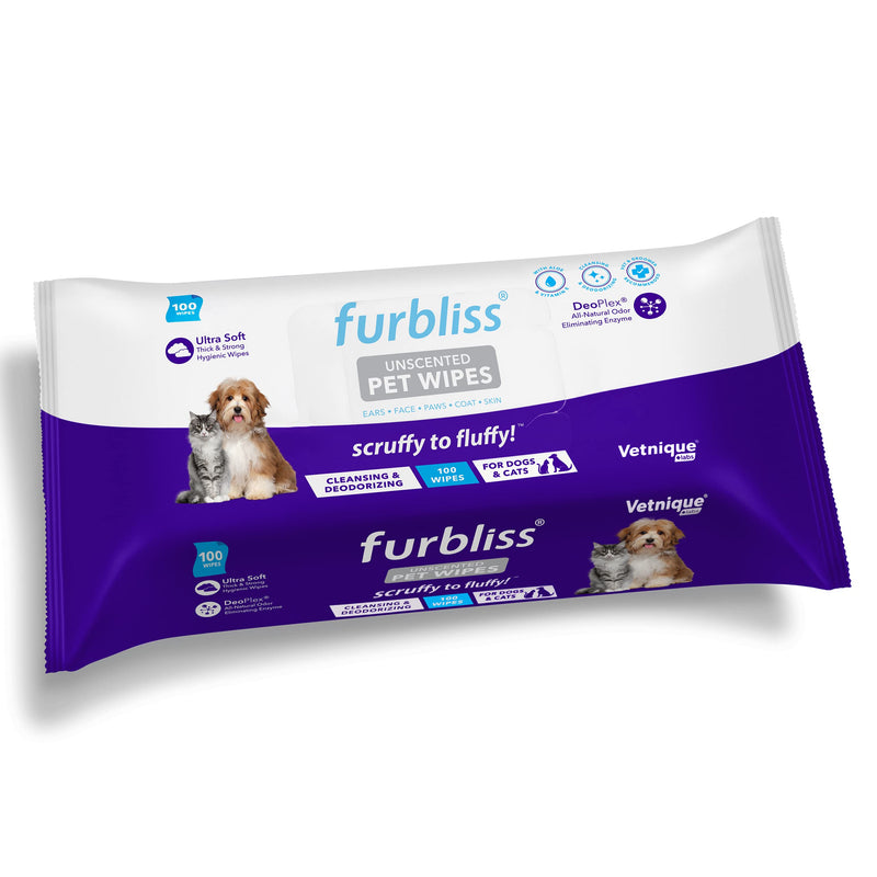 Vetnique Labs Furbliss Hygienic Pet Wipes for Dogs & Cats, Cleansing Grooming & Deodorizing Hypoallergenic Thick Wipes with All Natural Deoplex Deodorizer (Unscented, 100ct Pouch) Unscented - BeesActive Australia
