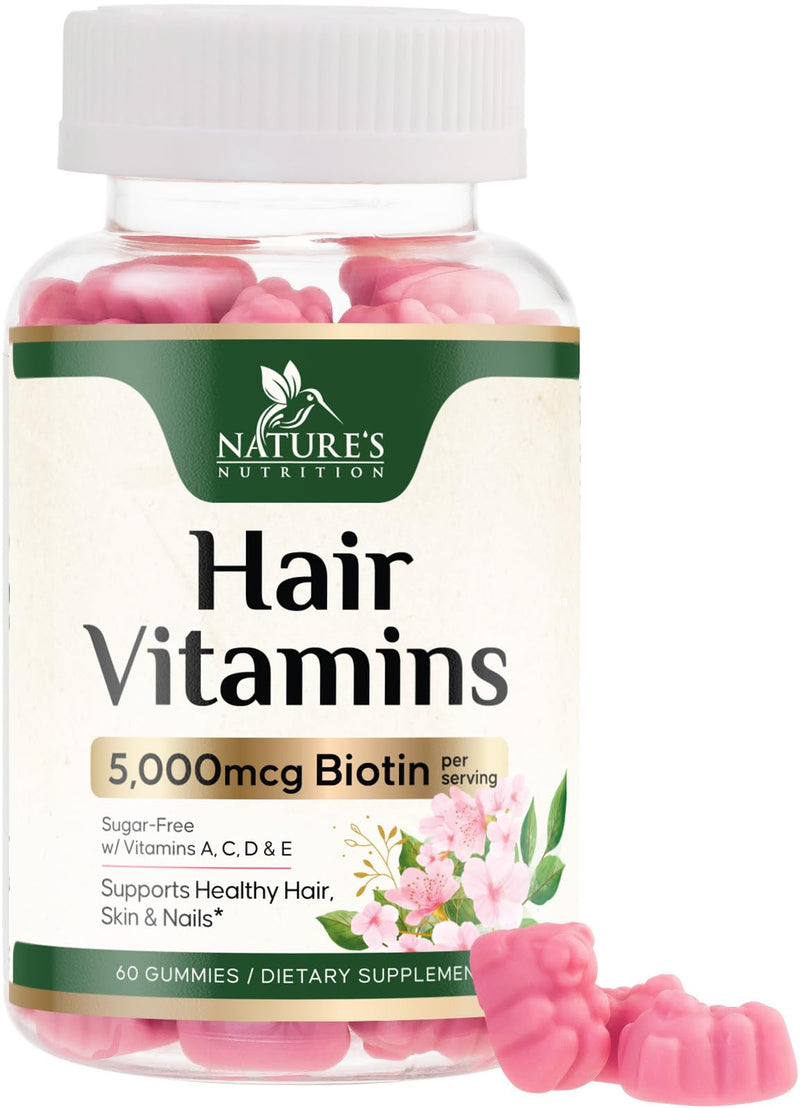 Hair Vitamins Gummies with Biotin 5000 mcg Per Serving - Extra Strength Hair Growth Support Vitamin E & C - Stronger Radiant Hair, Skin & Nails Supplement - Hair Growth Support Gummy - 60 Gummies 60 Count (Pack of 1)