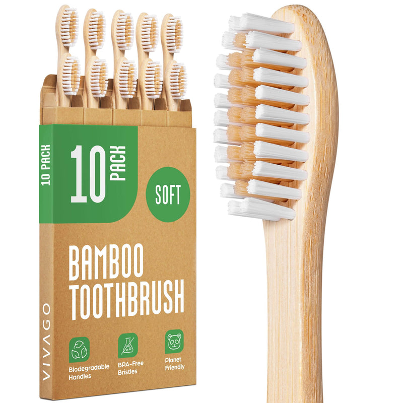 Bamboo Toothbrushes 10 Pack - BPA Free Soft Bristles Toothbrushes, Eco-Friendly, Natural Wooden Toothbrush 10 Count (Pack of 1)