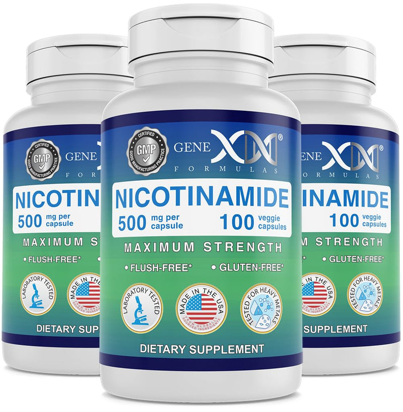 Genex Formulas Nicotinamide 500mg, Vitamin B3 Flush Free Niacin, 300 Caps | Niacinamide Supplement Help Produce Keratin & Support Skin Cell Health & Energy, Non-GMO & Gluten Free 100 Count (Pack of 3)