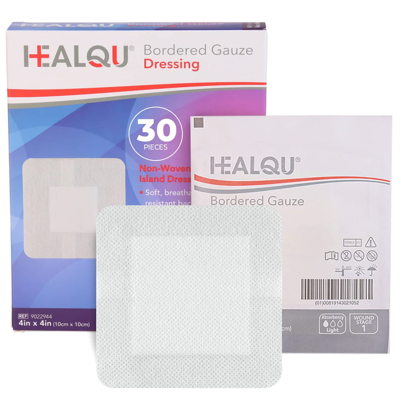 HEALQU Bordered Gauze Island Dressing - 30 Count, 4" x 4" Sterile Individually Wrapped Gauze Pads with Water-Resistant, Non-Woven Backing - Soft and Breathable Wound Dressing for First Aid and Medical 4x4" (2.5x2.5" pad) Box of 30 - BeesActive Australia