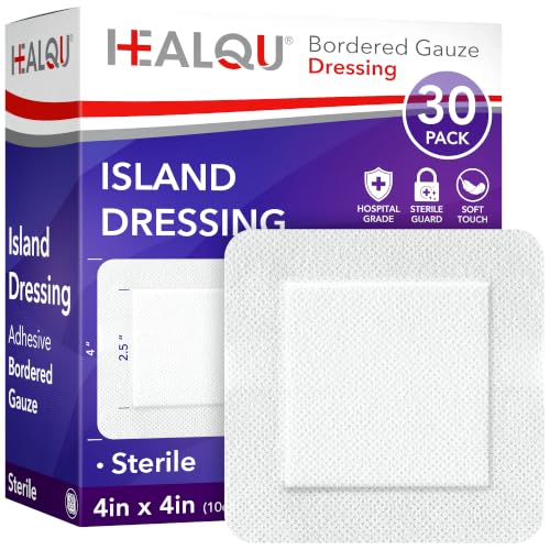 HEALQU Island Dressing - 4"x4", 30 Count - Bordered Gauze Sterile Individually Wrapped Gauze Pads, Water-Resistant, Non-Woven Backing - Soft and Breathable Wound Dressing for First Aid and Medical 4x4" (2.5x2.5" pad) Box of 30