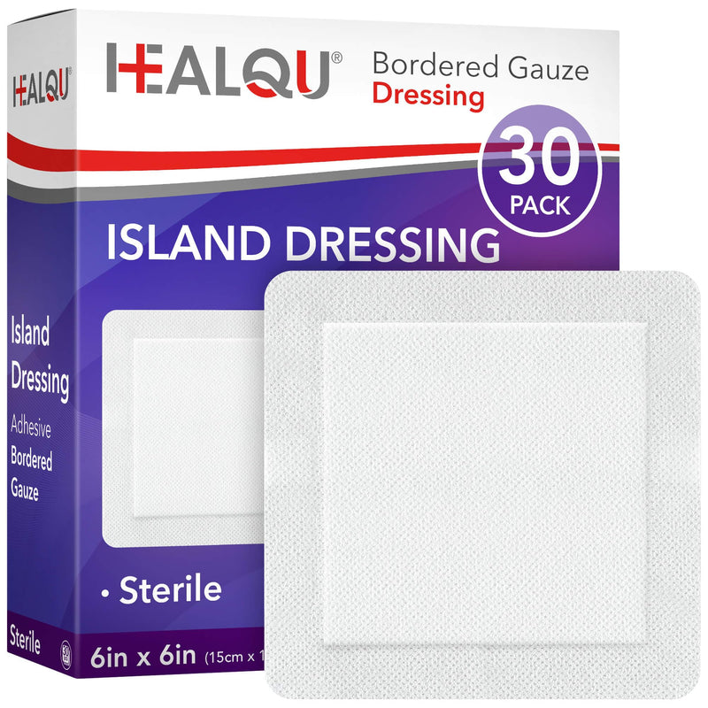 HEALQU Island Dressing - 6"x6", 30 Count - Bordered Gauze Sterile Individually Wrapped Gauze Pads, Water-Resistant, Non-Woven Backing - Soft and Breathable Wound Dressing for First Aid and Medical 6x6" (30 Pack)