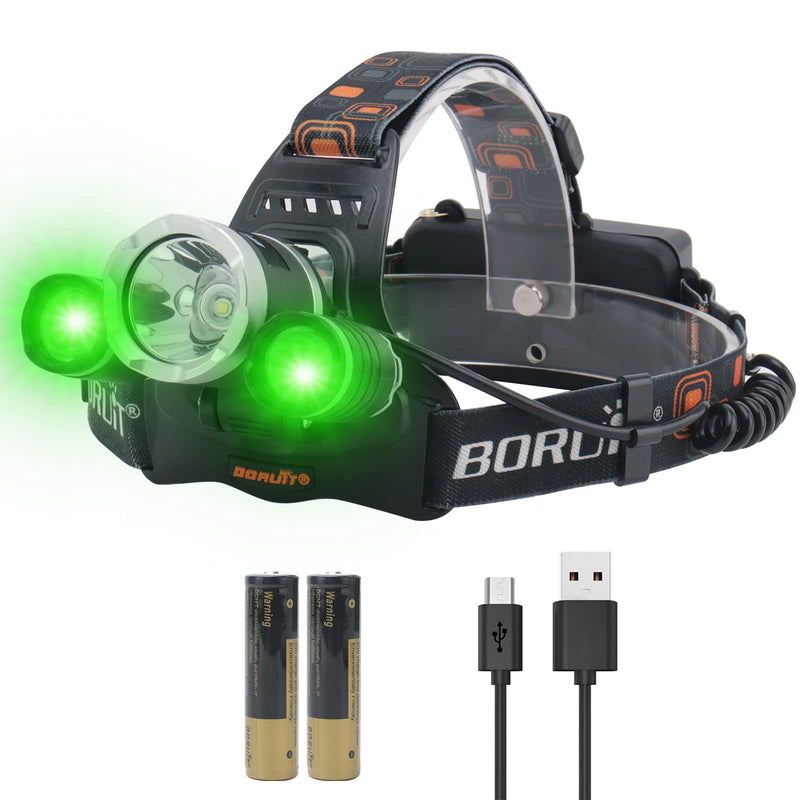 BORUIT RJ-3000 LED Rechargeable Headlamp with Green Light, Super Bright Hunting Head Lamp 3 Modes, Waterproof Head Light for Adult Fishing Camping Headlight Gear
