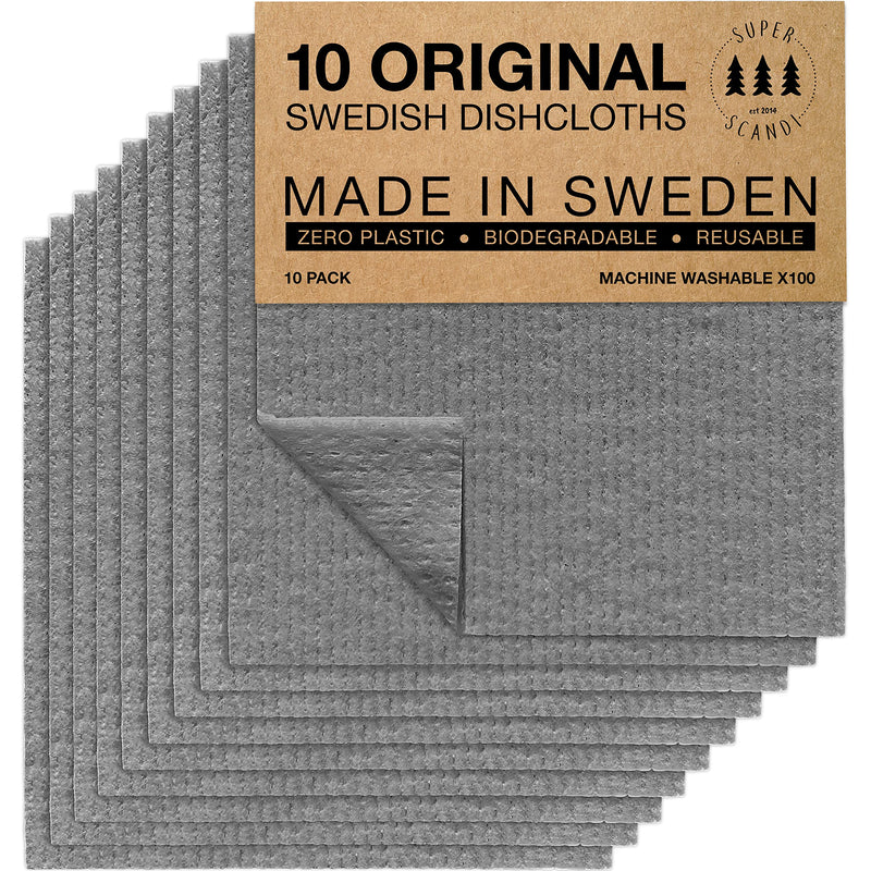 SUPERSCANDI Swedish Dishcloths for Kitchen Grey 10 Pack Reusable Compostable Kitchen Cloth Made in Sweden Cellulose Sponge Swedish Dish Cloths for Washing Dishes Reusable Paper Towels washable 10 Pack Grey - BeesActive Australia
