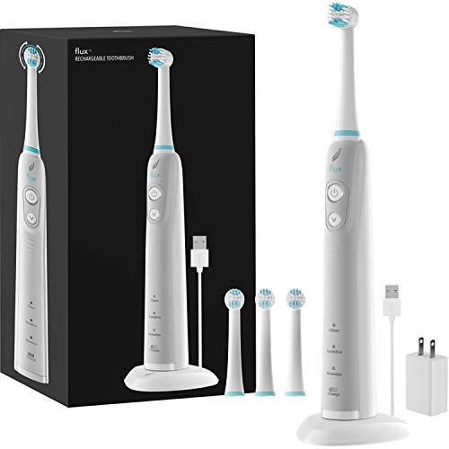 Acteh Flux Electric, Whitening & Plaque Removing Rechargeable Oscillating Toothbrush with 3 Dual ActionBrush-Heads, USB Power Cable and USB Power Adapter