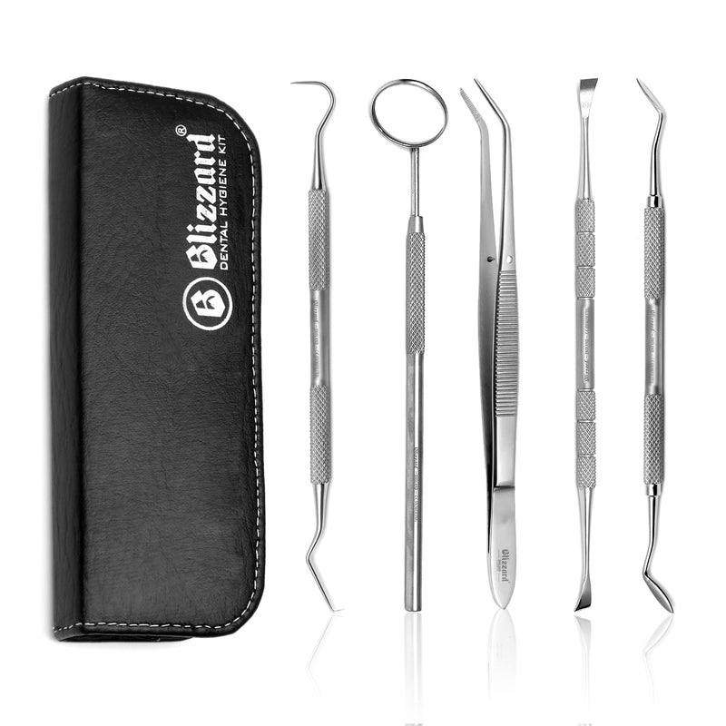 Dental Tools by Blizzard - Plaque Remover for Teeth - Professional Dental Hygiene Cleaning Kit 5-Pcs, German Stainless Steel Oral Care Set with Tweezer, Tartar Scalar, Mouth Mirror, Travel Case 5 Piece Kit