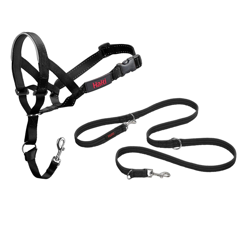 HALTI Headcollar Size 5, Black & HALTI Training Leash Size Large, Black Combination Pack - Stop Your Dog Pulling on the Leash. Adjustable, Lightweight with Padded Nose Band. Suitable for Large Dogs - BeesActive Australia
