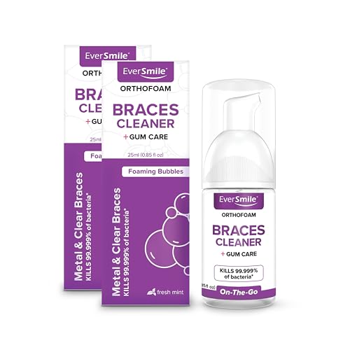 EverSmile OrthoFoam Braces Cleaner — Travel Size – Brushable Foam Whitens Teeth, Eliminates Bacteria, Fights Plaque and Bad Breath – Cleans Under Metal, Ceramic, Clear Brackets and Wires – 25ml(2 Pk) 0.85 Fl Oz 2 Pack