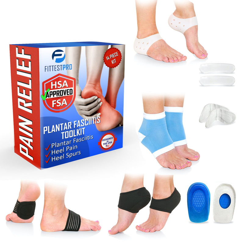 Plantar Fasciitis Foot Pain Relief 14-Piece Kit – Premium Planter Fasciitis Support, Gel Heel Spur & Therapy Wraps, Compression Socks, Foot Sleeves, Arch Supports, Heel Cushion Inserts & Grips S/M