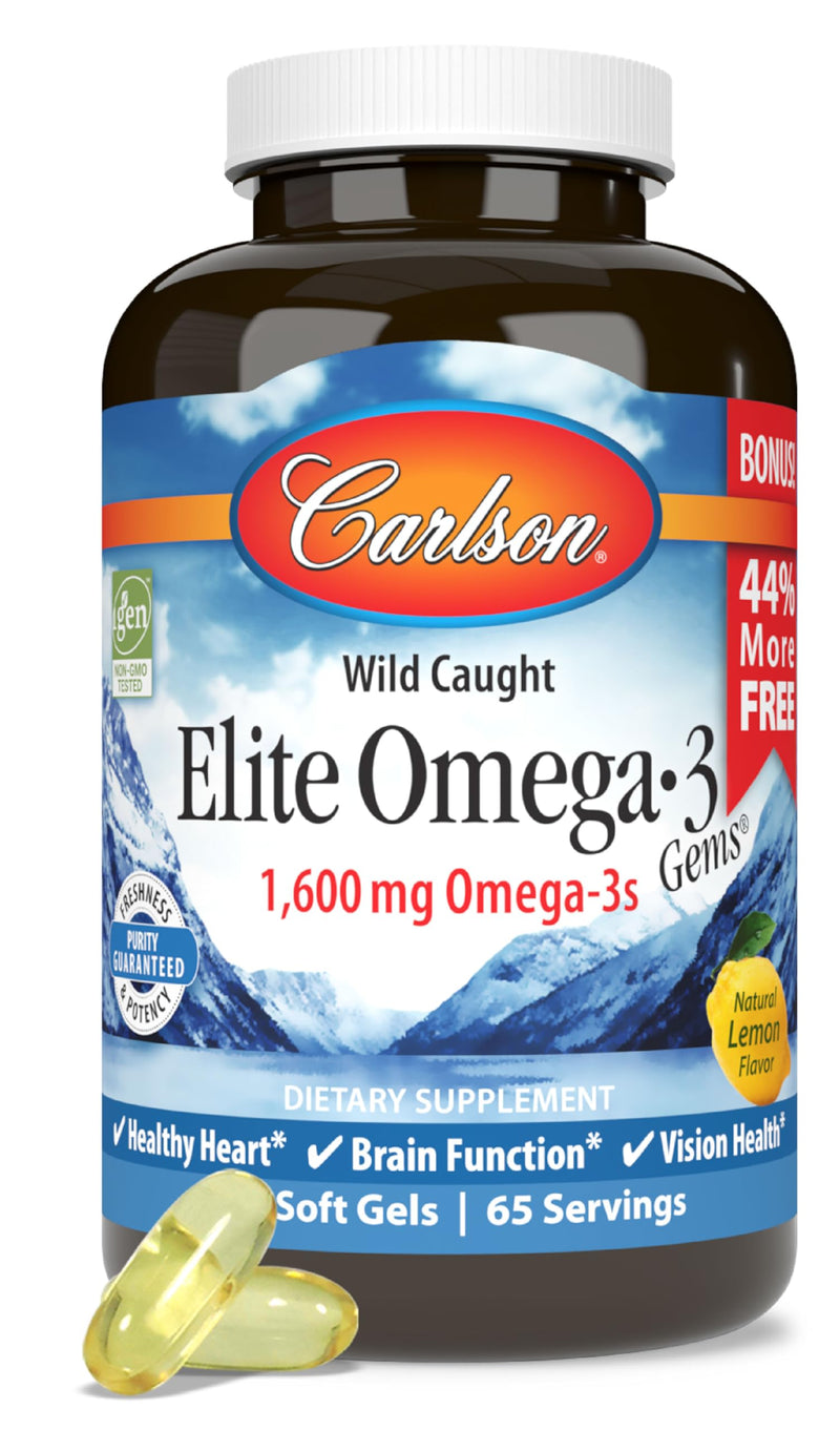 Carlson - Elite Omega-3 Gems, 1600 mg Omega-3 Fatty Acids Including EPA and DHA, Norwegian, Wild-Caught Fish Oil Supplement, Sustainably Sourced Omega 3 Fish Oil Capsules, Lemon, 130 Softgels 130 Count (Pack of 1) - BeesActive Australia