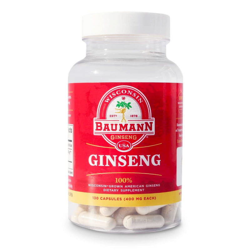 Baumann Wisconsin Ginseng Capsules 130 Pills 400 mg – Pure American Ginseng Root Extract Powder in Each Pill - 100% Natural Panax Ginseng Supplement for Immune Support, Focus and Energy 130 Count (Pack of 1)