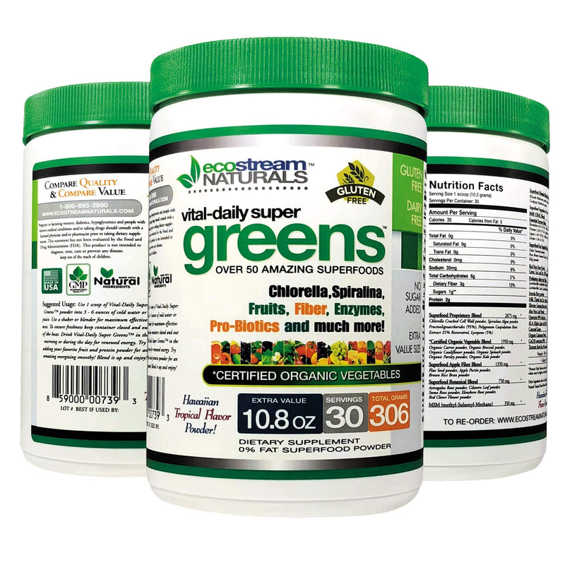 Vital First Daily Greens Superfood Powder 50 Whole Super Foods with Spirulina, Chlorella, Flax Seed, Fiber and Enzymes with Organic Greens - 30 Servings