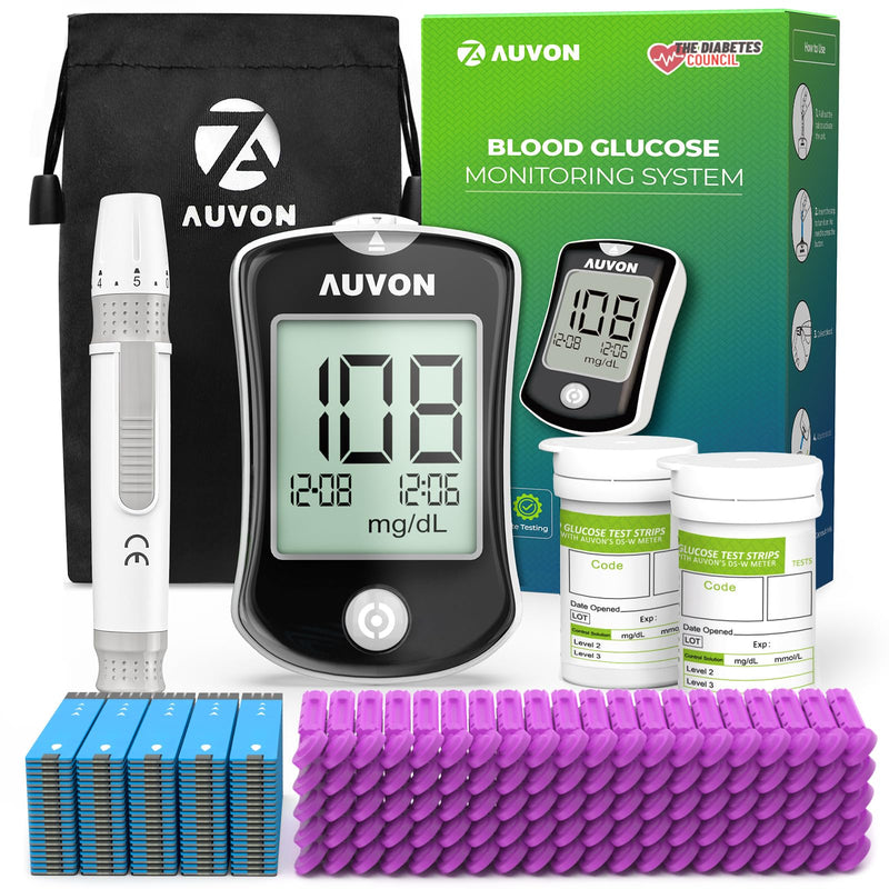 AUVON Blood Glucose Monitor Kit for Accurate Test, 100 Strips, No Coding 100-piece kit