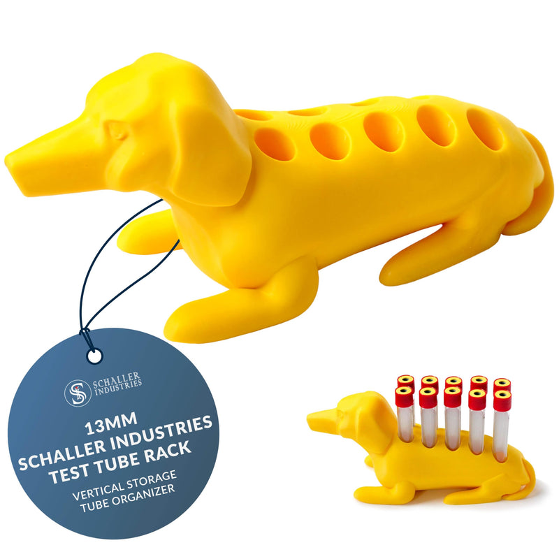 Schaller Industries Dachshund Test Tube Rack – for 13mm Lab Vertical Storage Tubes, Holds 10 Glass & Plastic Test Tube Holder Rack, Vial Holder, Phlebotomy Supplies and Equipment– Bright Yellow 13mm Tubes