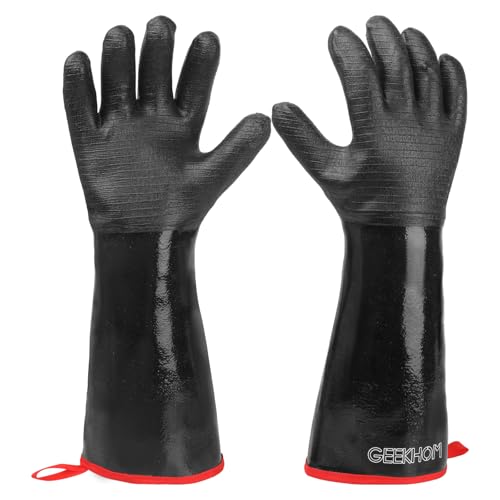 GEEKHOM 18-Inch Heat Resistant BBQ Gloves 932°F Waterproof Long Sleeve Cooking Gloves, Non-Slip Silicone Grip Grill Gloves for Grilling, Smoker, Oven, and Kitchen Use Black 18 inches