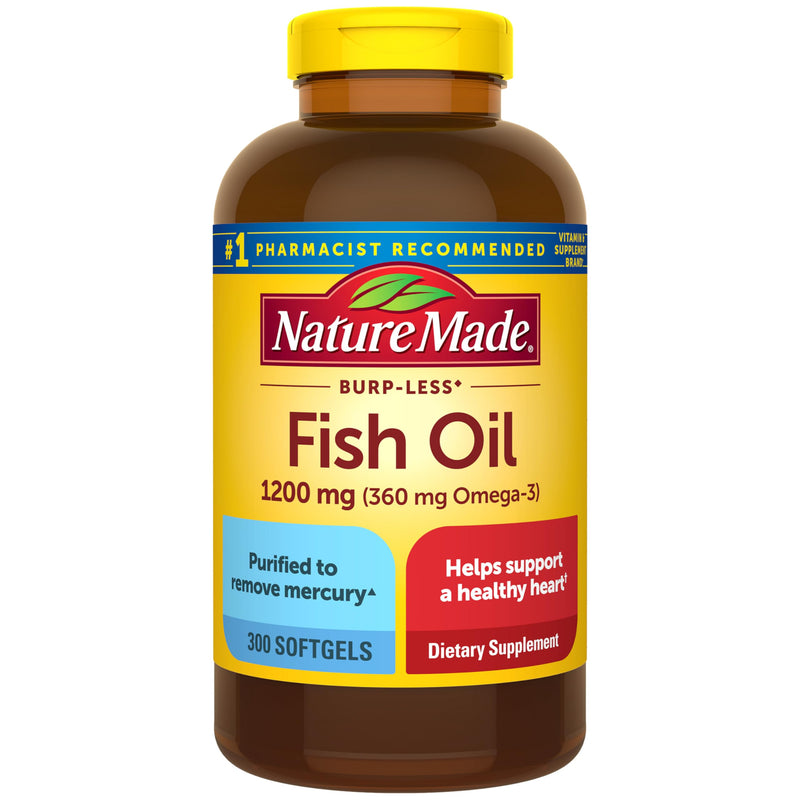 Nature Made Burp Less Fish Oil Omega 3, 1200 mg Softgels, 300 Softgels | EPA DHA Omega 3 Fish Oil Supplements for Healthy Heart Support, 150 Day Supply 300 Count (Pack of 1)