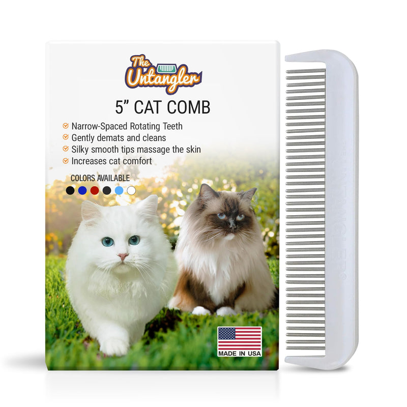 Cat Comb with silky smooth rotating teeth- clears mats gently and easily (5" has ultra fine spaced teeth; 7" dual-spaced teeth) (White, 5") 5" White - BeesActive Australia
