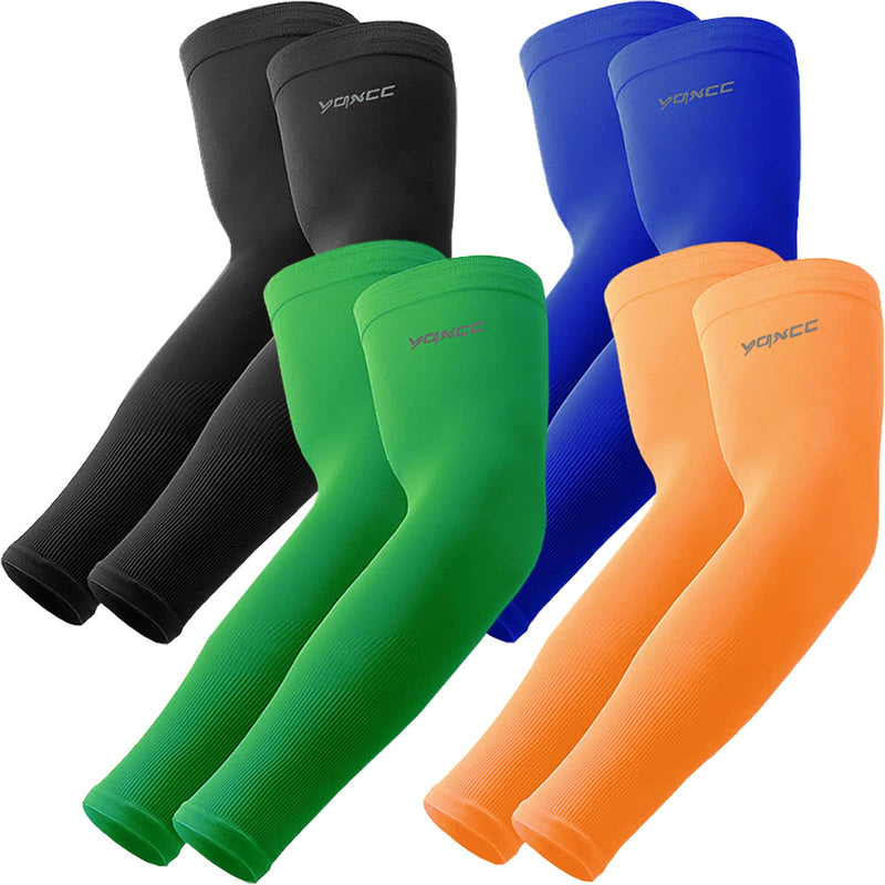 YQXCC 4 Pairs UV Sun Protection Arm Sleeves - Tattoo Cover Up - UPF 50 Sports Compression Cooling Sleeve for Men & Women 1 Pair Black, 1 Pair Blue, 1 Pair Orange, 1 Pair Green - BeesActive Australia