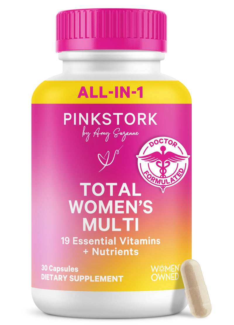 Pink Stork Total Women's Multivitamin, 19 Essential Vitamins, 30 Capsules | Energy, Metabolism, Hormone Support, Immune & Mood Support with B6, B12, Biotin, Iron & Zinc
