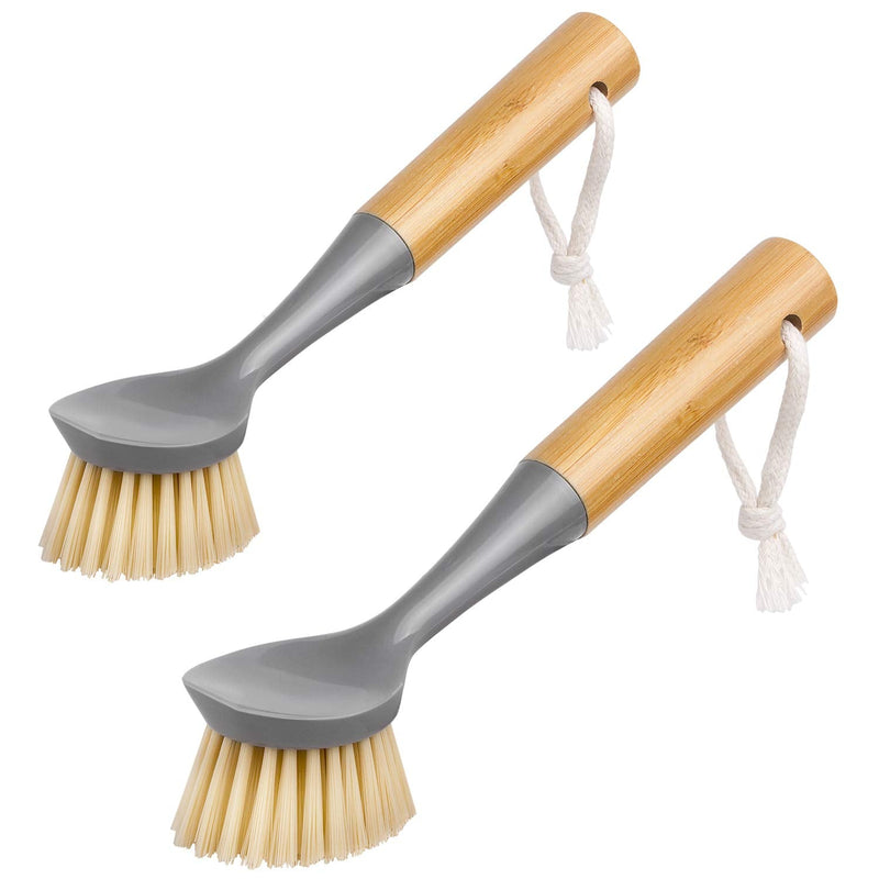 MR.SIGA Dish Brush with Bamboo Handle Built-in Scraper, Scrub Brush for Pans, Pots, Kitchen Sink Cleaning, Pack of 2 Gray - BeesActive Australia
