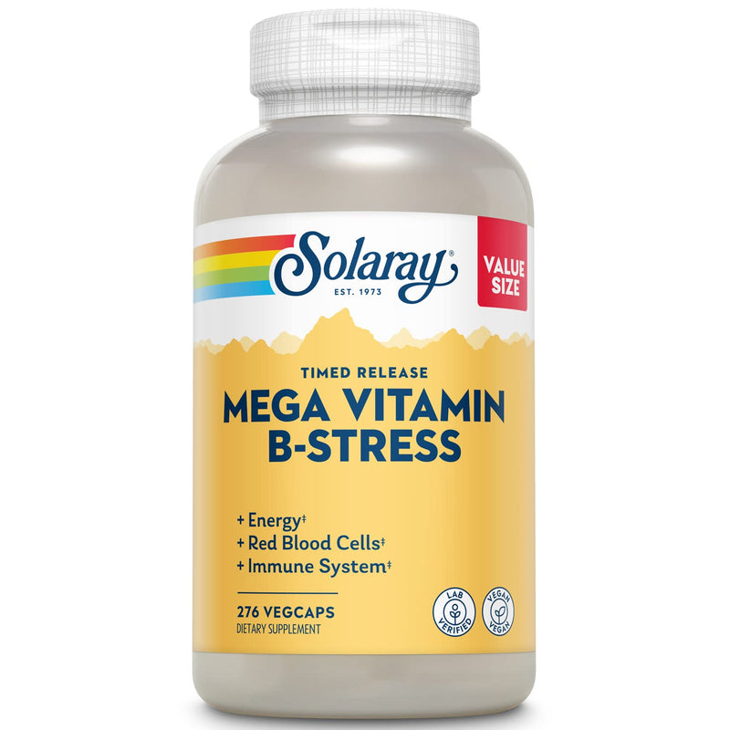 SOLARAY Mega Vitamin B-Stress - Timed Release Vitamin B Complex w/Vitamin B12, B6, Folic Acid, VIT. C - Stress, Energy, Red Blood Cell, Immune Support - Vegan, 60-Day Guarantee (276 CT) | Daily vitamin supplement in an easy-to-use format