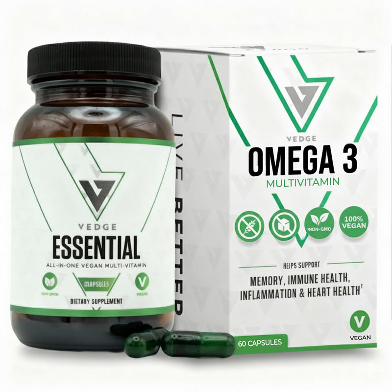 VEDGE Vegan Omega 3 Supplement, Vegan Multivitamin, Women and Men, 30 Day | Omega 3, Plant Based Algal EPA And DHA With Vitamin D3, B12, K2, Magnesium, Zinc, Selenium, Vitamin Supplements, Daily Supply