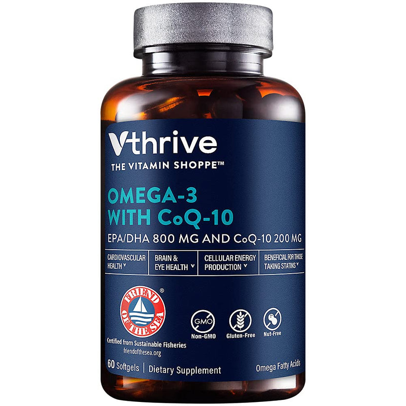 Vthrive Omega-3 & CoQ-10, Cardiovascular, Brain & Eye Support, 60 Softgels | 587 MG EPA, 213 MG DHA, 200 MG CoQ10, Sustainably Sourced Fish Oil, Non GMO, Gluten Free, Nut Free, 60 Servings