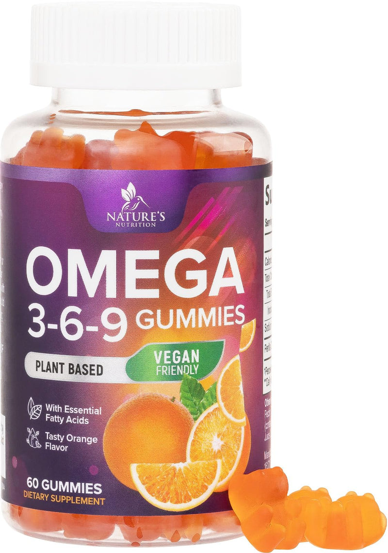Omega 3 6 9 Gummies - Vegan Omega 3 Supplement Gummy - Essential Fatty Acids Oil 369 Complex Heart Support & Brain Support for Women, Men & Pregnancy, Fish Free Non-GMO, Orange Flavored - 60 Gummies 60 Count (Pack of 1)