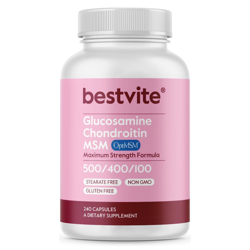 BESTVITE Glucosamine Chondroitin MSM 500/400/100 per Capsule (240 Caps) | With Patented OptiMSM - Maximum Strength Formula for Joint Support - No Stearates - Gluten Free - Non GMO 1 Count (Pack of 240)