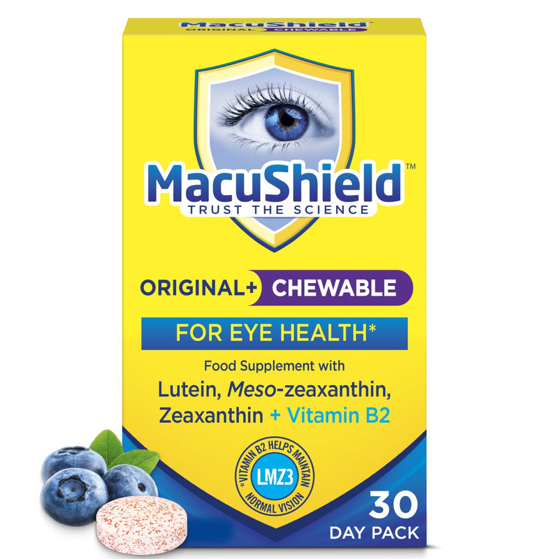 Macushield Original Chewable, 30 Tablets, 30 g | Helps maintain normal vision, Lutein, zeaxanthin and meso-zeaxanthin, Vitamin B2 riboflavin, Bilberry flavour