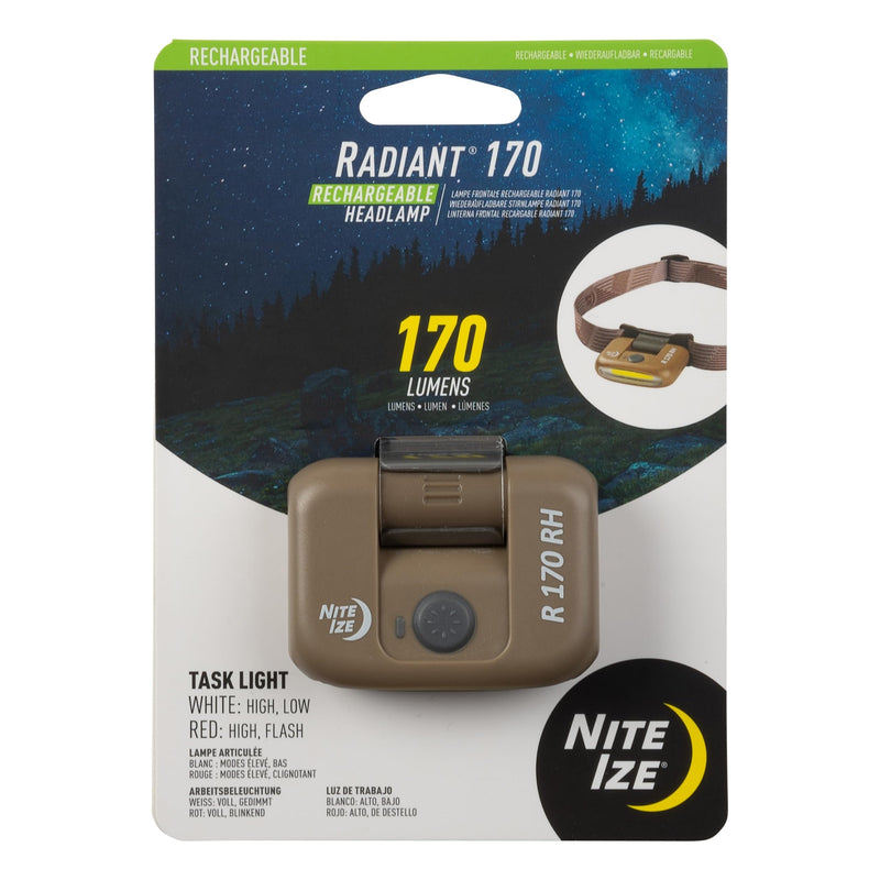 Nite Ize Radiant 170 Rechargeable Headlamp - Durable Headlamp with Rechargeable 170 Lumen Light - Great for Camping, Hiking & at-Home Projects - Coyote