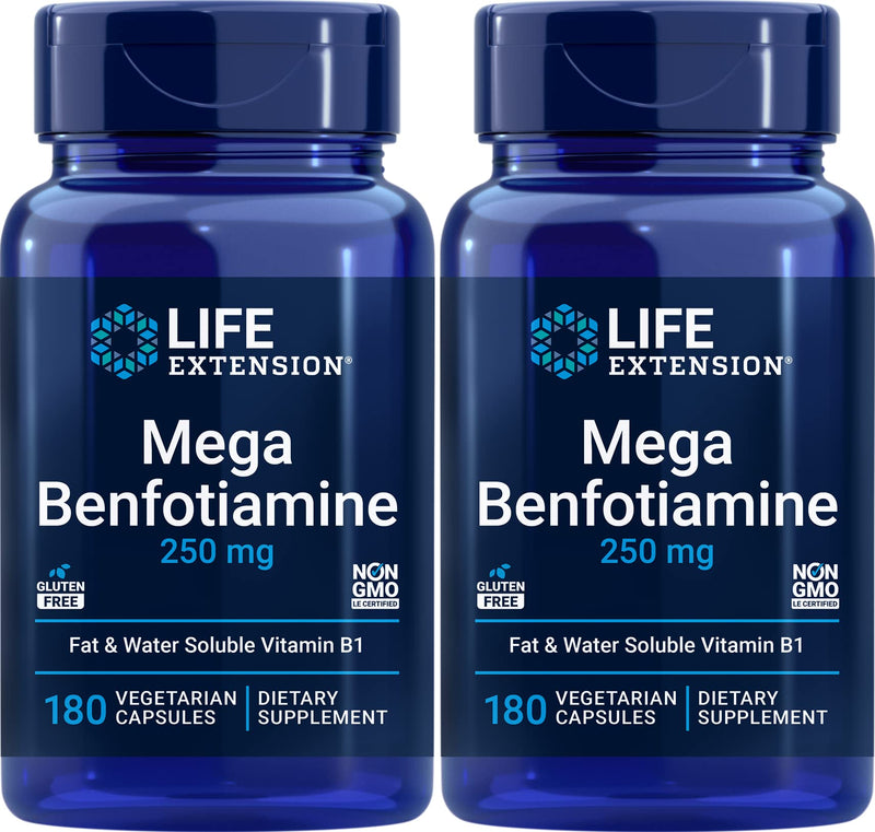 Life Extension Mega Benfotiamine 250 mg, 180 Vegetarian Caps (Pack of 2) | 250 mg of benfotiamine and 10 mg of thiamine (vitamin B1) per capsule. Non-GMO, Gluten Free, Vegetarian. 180 Count (Pack of 2)
