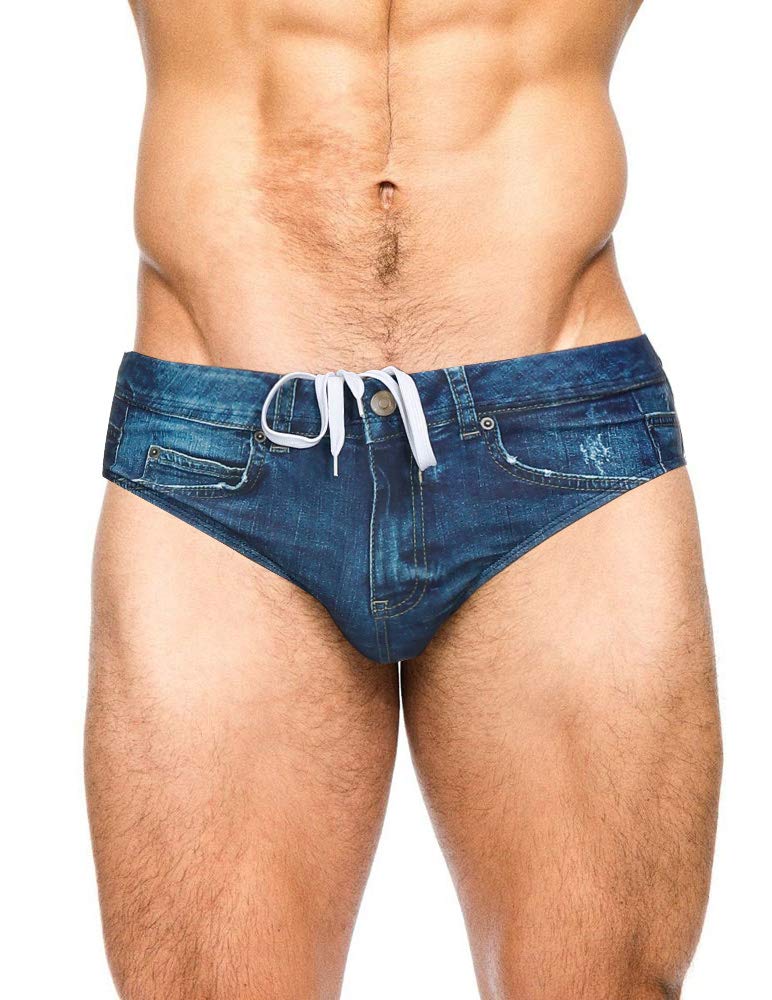 PJ PAUL JONES Men's Swim Brief Denim Print Swim Trunks Drawstring Waist Swimsuit Bikini Briefs XX-Large Navy Blue - BeesActive Australia