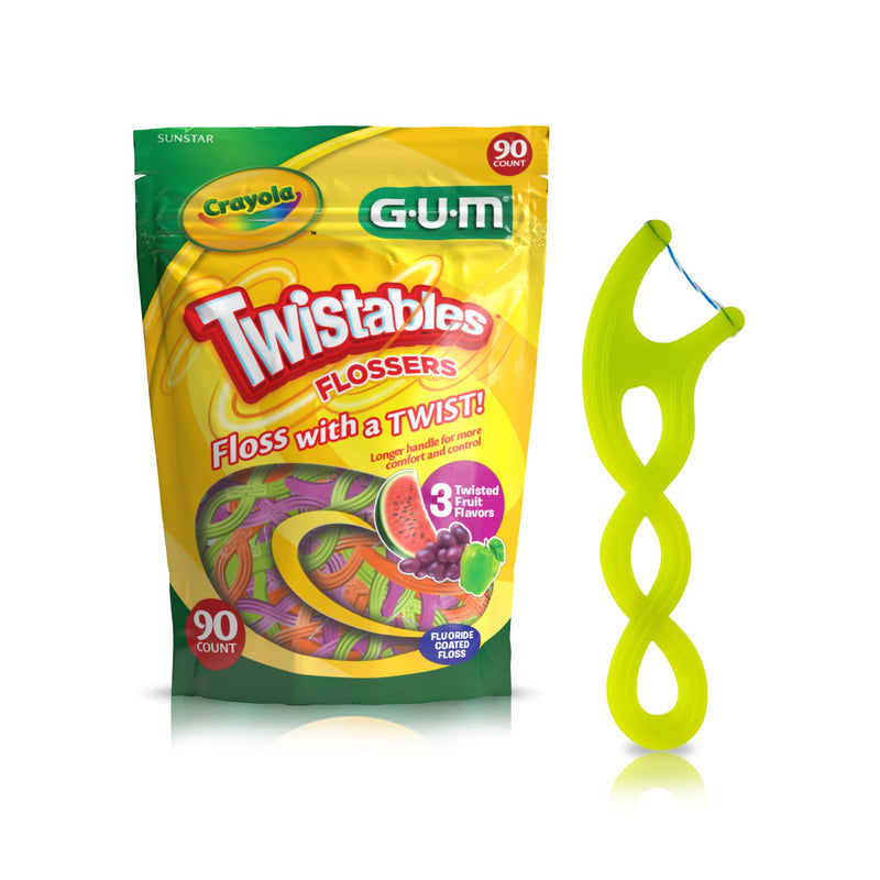 GUM Crayola Twistables Kids Flossers with Fluoride - Designed for Little Hands - Three Fun Fruit Flavors - Easy to Use Kids Floss Picks for Children Ages 3+, 90 Count 90 Count (Pack of 1) - BeesActive Australia