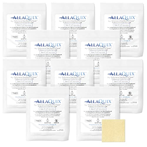 High Performance Stop Bleeding Gauze – Bulk 10-Pack (2"x2") – Chitosan Hemostatic Wound Dressing for Multi-Kit Stocking, Trainers, Clinics & Blood Thinner Households – Military-Grade 2" x 2" (Pack of 10)