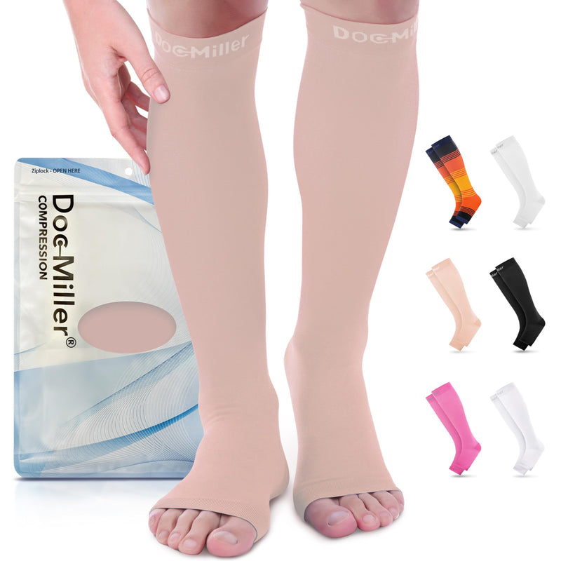 Doc Miller, Open Toe Compression Socks, 8-15 mmHg, Toeless, Support Circulation, Shin Splints, Calf Recovery, Varicose, Knee High, Medical Grade, Skin/Nude Socks, Large Size for Men & Women, Pair - BeesActive Australia