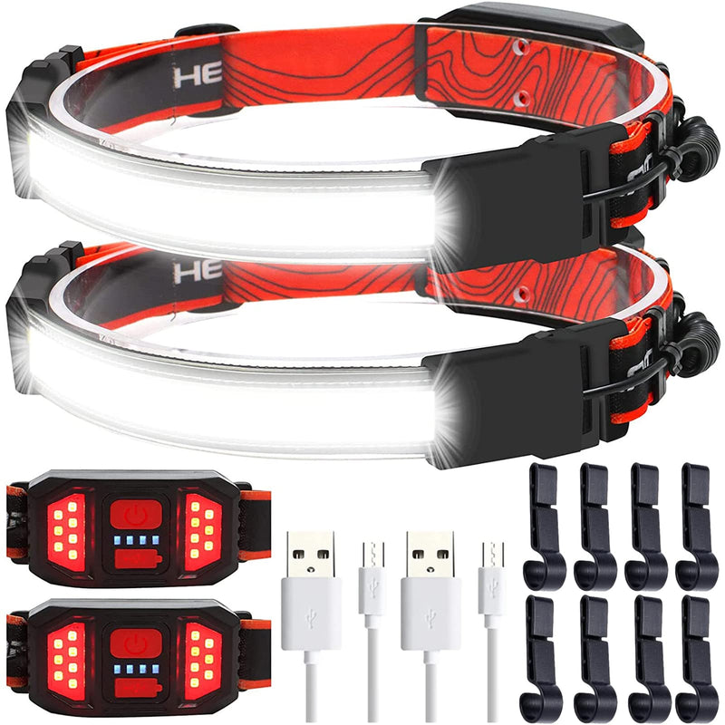 Swanlake LED Rechargeable Head Lamp 230° Illumination Wide Beam Hard Hat Headlamp Flashlight & 8 Clips, high Lumen 3 Modes Lightweight Head Light for Running, Cycling, Camping (2Pack) 2Pack