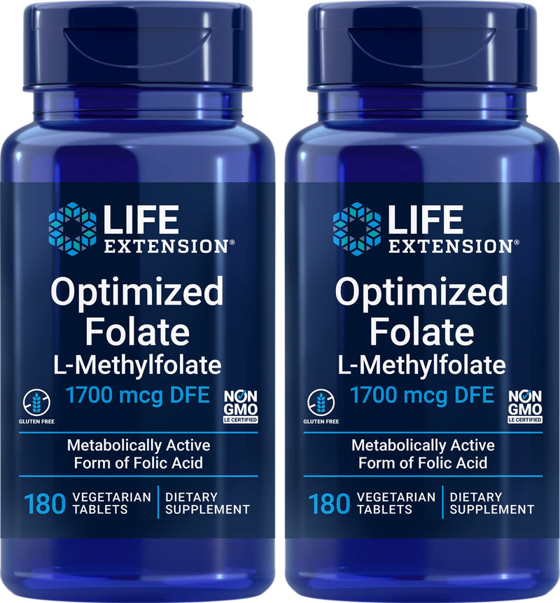 Life Extension Optimized Folate (L-Methylfolate) 1700 mcg DFE, 180 Veg Tablets (Pack of 2)