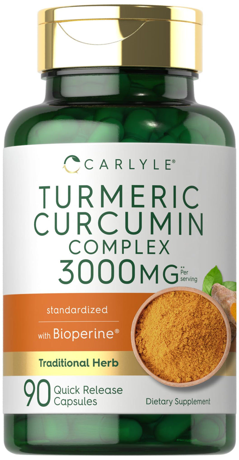 Carlyle Turmeric Curcumin with Black Pepper 3000mg | 90 Powder Capsules | Complex Supplement with Bioperine | Non-GMO, Gluten Free - BeesActive Australia