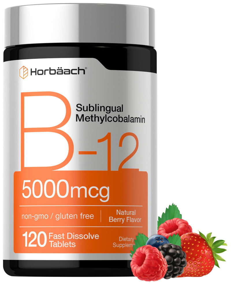 Horbäach B12 Vitamin 5000 mcg | 120 Fast Dissolve Tablets | Sublingual Methylcobalamin | Natural Berry Flavor | Vegan, Non-GMO & Gluten Free Supplement 120 Count (Pack of 1)