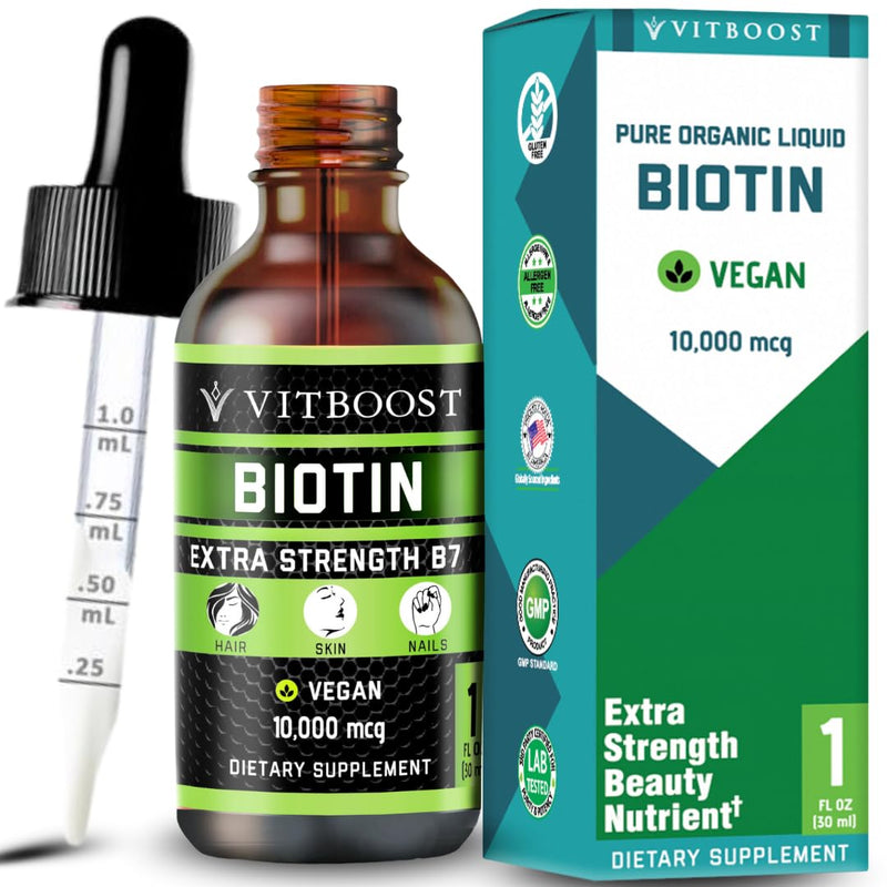 VITBOOST Liquid Biotin Drops 10,000mcg with Extra Strength - 60 Servings | Biotin Liquid for Hair Growth for Women & Men, Vegan Formula Supports Strong Nails and Healthy Skin