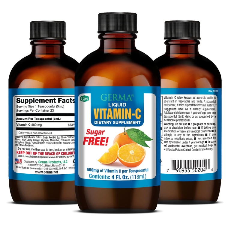 Germa Sugar-Free Liquid Vitamin C. 500 mg. Fast Absorption Dietary Supplement. Immune System Booster. 4 oz / 118ml