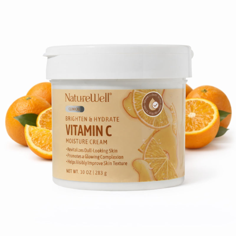 NatureWell Clinical Vitamin C Brighten & Hydrate Moisturizing Body Cream | Hydrating Face & Body Lotion with Coconut Oil, Helps Improve Uneven Skin Tone & Dark Spots, Anti-Aging Moisturizer 10 Ounce (Pack of 1)