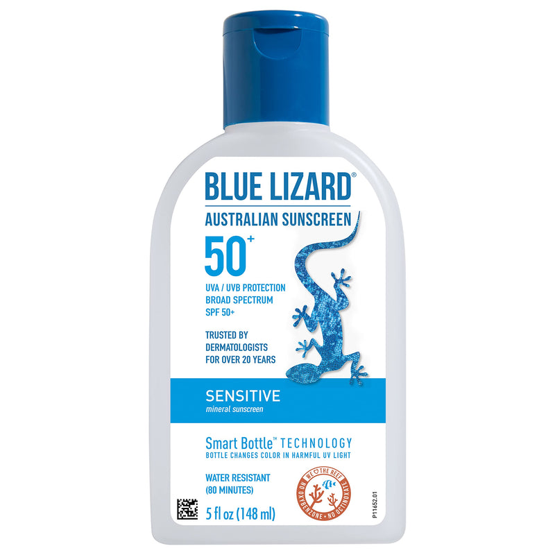BLUE LIZARD Sensitive Mineral Sunscreen with Zinc Oxide, SPF 50+, Water Resistant, UVA/UVB Protection with Smart Bottle Technology - Fragrance Free, 5 oz SPF 50+ 5 Fl Oz (Pack of 1) - BeesActive Australia