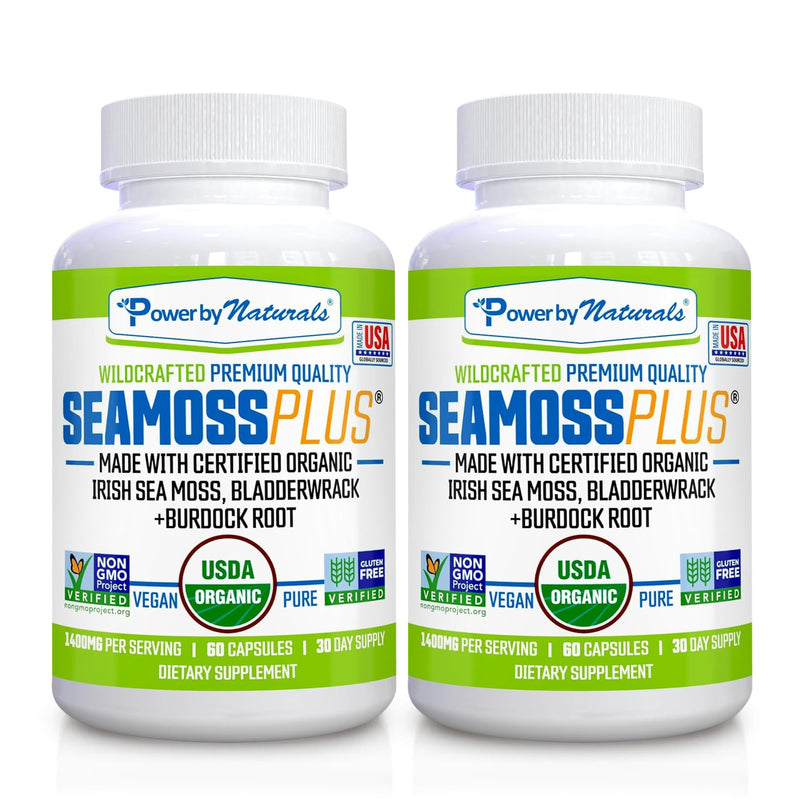 Power By Naturals Sea Moss Plus – USDA Organic Irish Sea Moss Capsules with Bladderwrack & Burdock Root – Immune Support – Vegan, Non-GMO, Gluten-Free – 120 Capsules, 2-Pack (2-Month Supply) | With Bladderwrack & Burdock Root - Immune Support - Vegan, ...