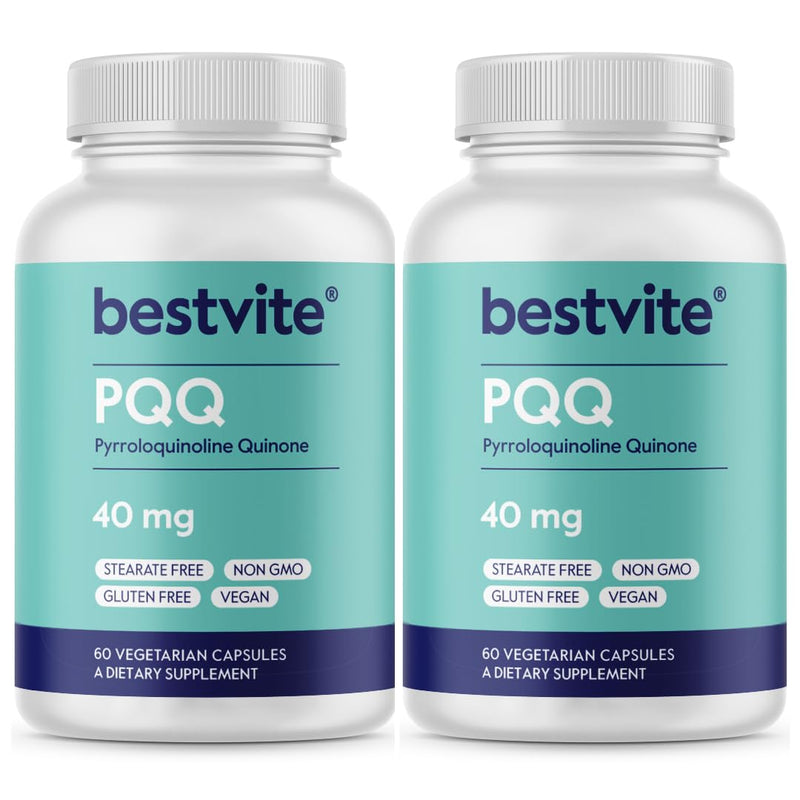 BESTVITE PQQ 40mg (Pyrroloquinoline Quinone) (120 Veg Caps)(60x2) | Extra Strength - No Stearates - Vegan - Non GMO - Gluten Free - Cellular Energy & Brain Support* - Easy to Swallow Capsules 1 Count (Pack of 120)