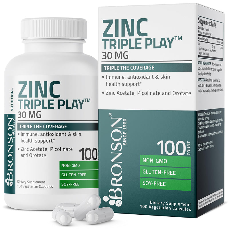 Bronson Zinc Triple Play 30 mg Triple Coverage Immune Support Zinc Supplement with Zinc Acetate, Picolinate & Orotate - Immune, Antioxidant & Skin Health Support - 100 Vegetarian Capsules 100 Count (Pack of 1) - BeesActive Australia