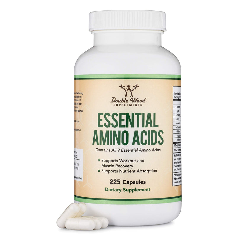 Essential Amino Acids - 1 Gram Per Serving Powder Blend of All 9 Essential Aminos (EAA) and all Branched-Chain Aminos (BCAAs) (Leucine, Isoleucine, Valine) 225 Capsules by Double Wood Supplements - BeesActive Australia
